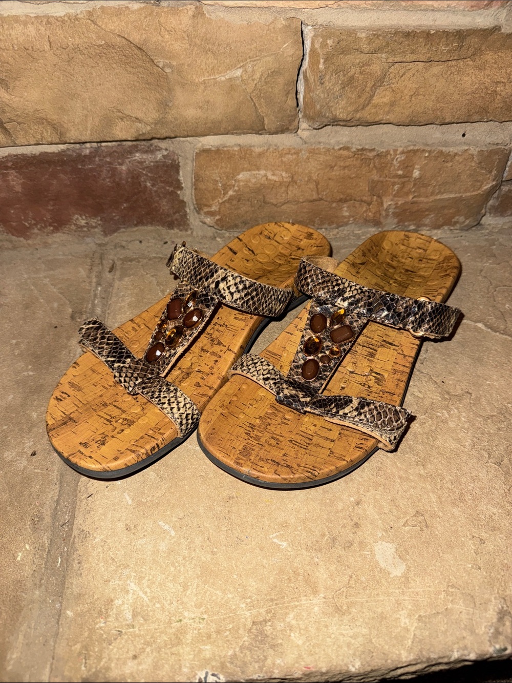 Vionic Cork Tan Snake-Print Gemstone Slide Sandals